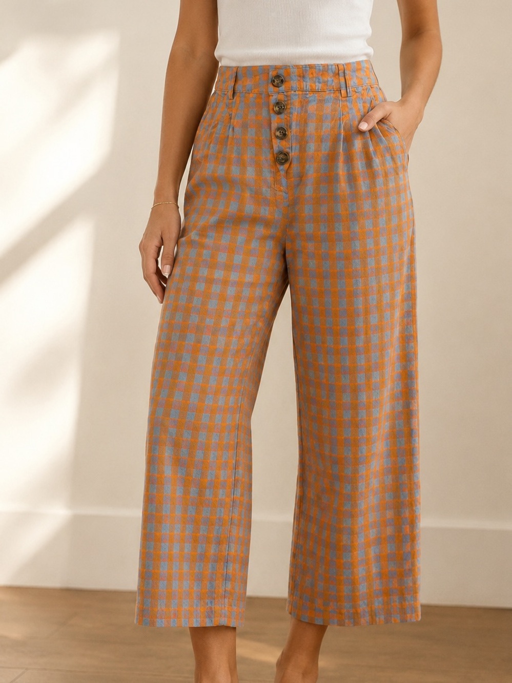 High-Waist Gingham Wide-Leg Pants - Orange/blue
